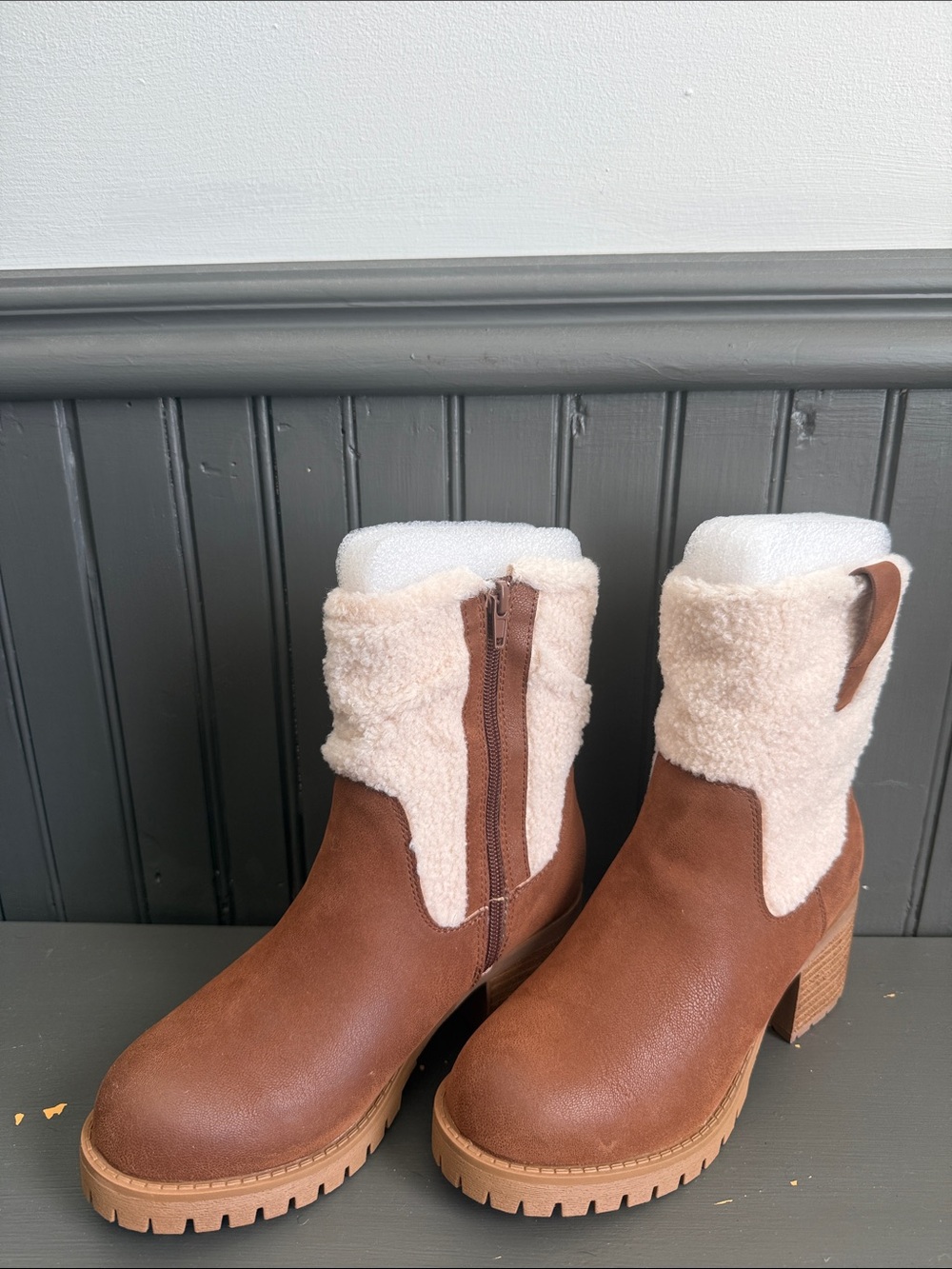 MIA Brown Faux-Shearling Zip Chunky Heel Boots